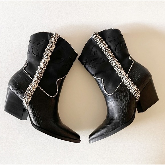 Dolce Vita Boots Lori Croc Embossed Cutout Braided Western Festival Boho Black 8 - Picture 9 of 15